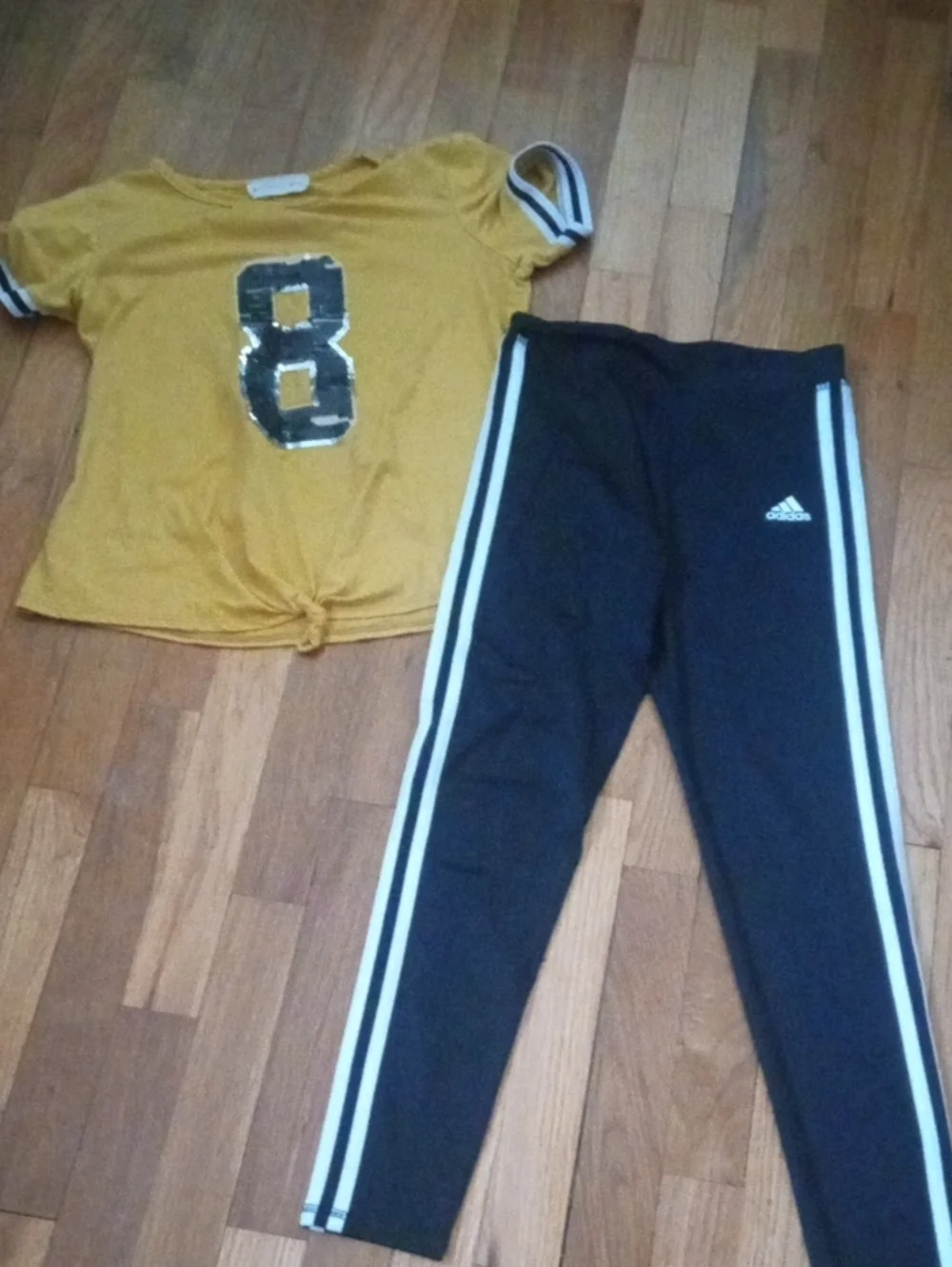 girl 14 adidas drifit leggings and yellow sequin tee